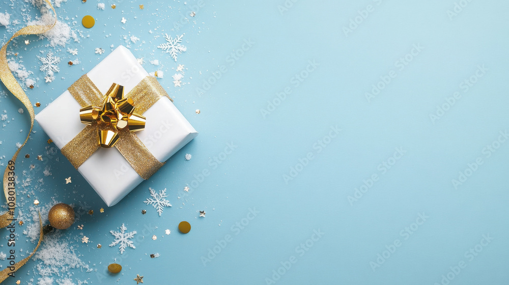 beautifully wrapped gift box with golden bow, surrounded by festive decorations like snowflakes and confetti, perfect for holiday season beautifully wrapped gift box with golden bow, surrounded by festive decorations like snowflakes and confetti, perfect for holiday season