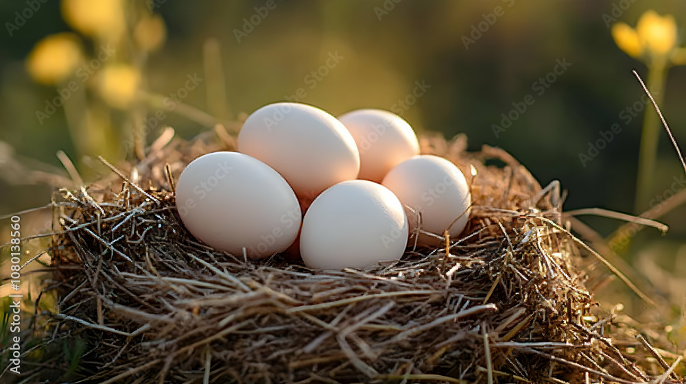 White Eggs in a Nest - Realistic Photo White Eggs in a Nest - Realistic Photo