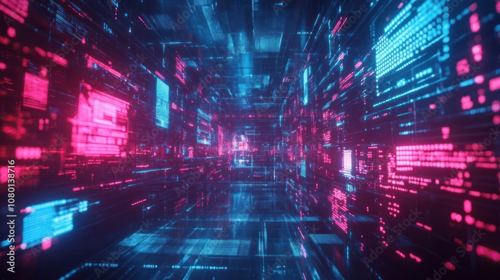 Fototapeta premium A futuristic digital tunnel with vibrant blue and pink data streams, representing technology and innovation.