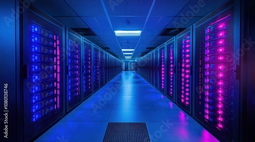 Rows of glowing server racks in a data center.