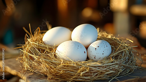 White Eggs Nestled in Hay N...