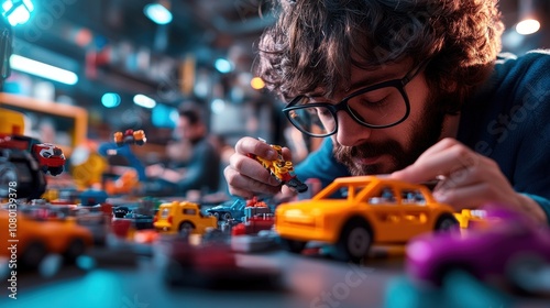 A focused man attentively assembling toy cars in a creative workshop, surrounded by vibrant colors and models, representing ingenuity and craftsmanship. photo