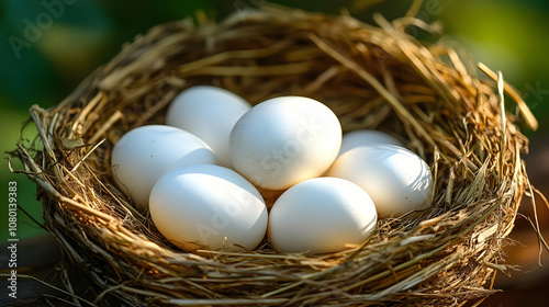 White Eggs Nestled in a Bir...