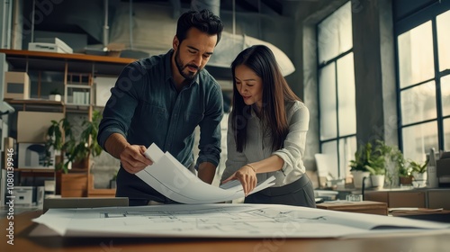 Collaboration in Design: A Latino Architect and East Asian Project Manager Examining Blueprints in a Bright Studio, Photorealistic 8K Portrait.