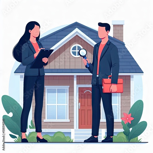 Vector art of a home inspector examining a house for sale