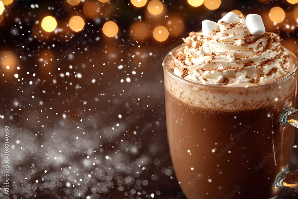 Cup of hot chocolate or mug of cocoa with small marshmallows against traditional winter christmas market. City street in fair atmosphere. New Year holidays and Xmas concept for banner, poster, card Cup of hot chocolate or mug of cocoa with small marshmallows against traditional winter christmas market. City street in fair atmosphere. New Year holidays and Xmas concept for banner, poster, card