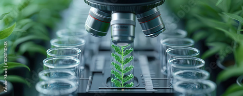 DNA extraction from plant cell, microscope view with molecular details, biolab, 3D illustration