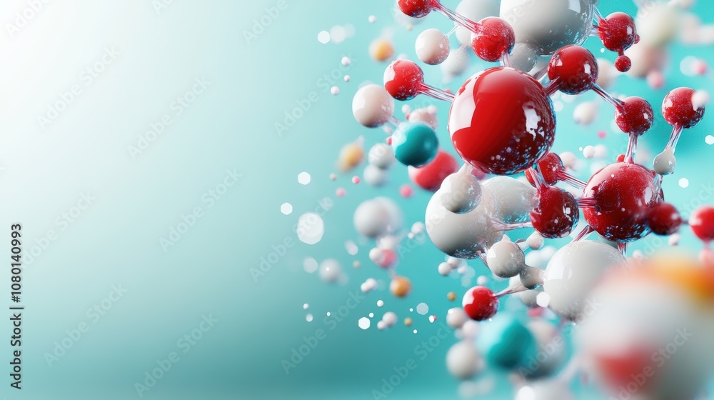 Colorful molecular structure with red and white atoms on a blue-green background. Colorful molecular structure with red and white atoms on a blue-green background.