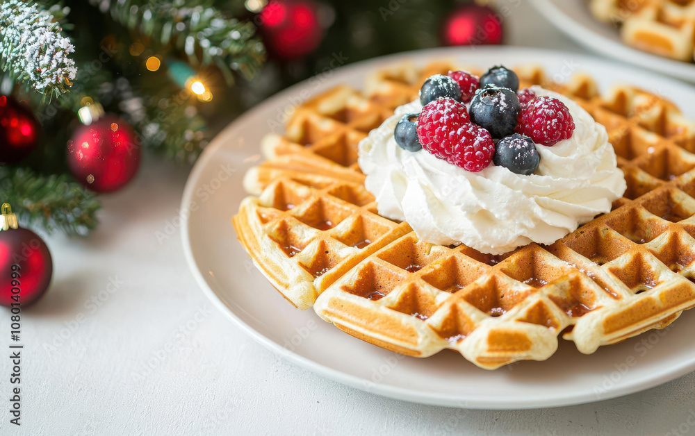 Holiday breakfast with waffles, whipped cream, and berries, set by a decorated Christmas tree, cozy morning Holiday breakfast with waffles, whipped cream, and berries, set by a decorated Christmas tree, cozy morning