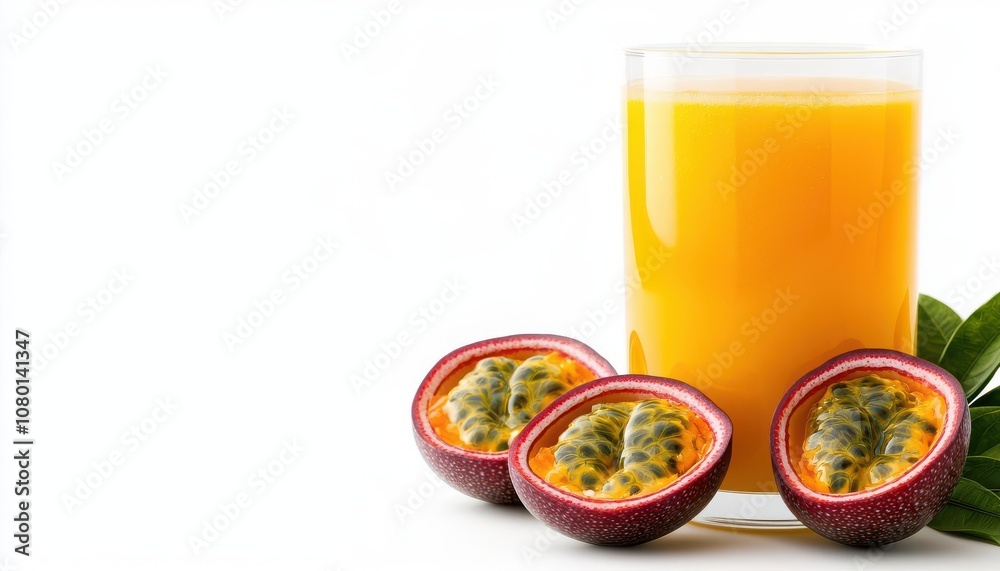 Passion fruit juice in a glass with passion fruit halves, isolated white background, exotic juice blend Passion fruit juice in a glass with passion fruit halves, isolated white background, exotic juice blend