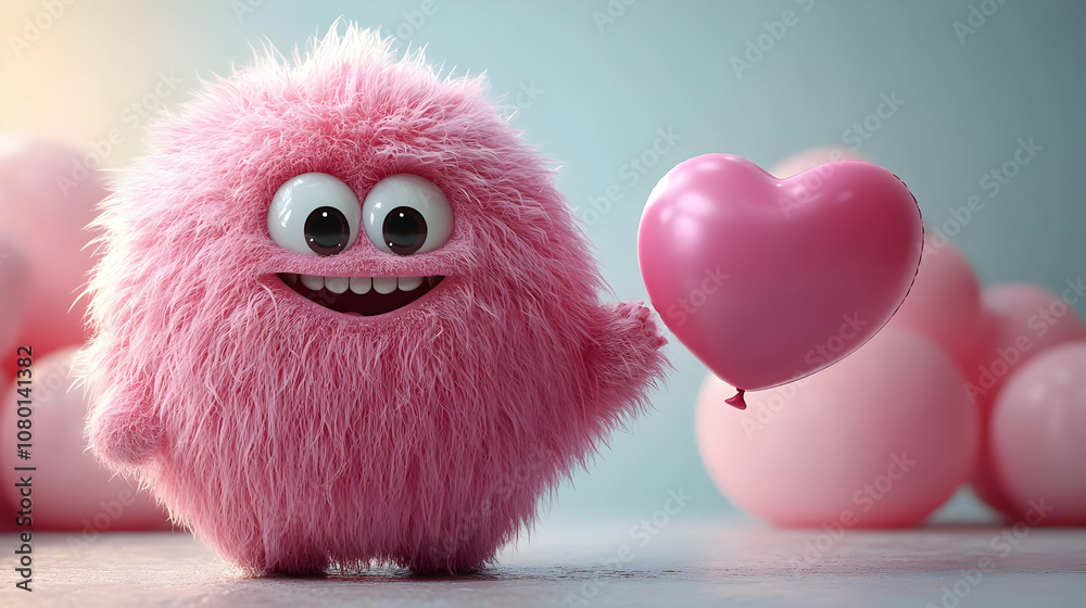 Obraz premium Cute Pink Furry Monster Holding Heart Balloon 3D Illustration