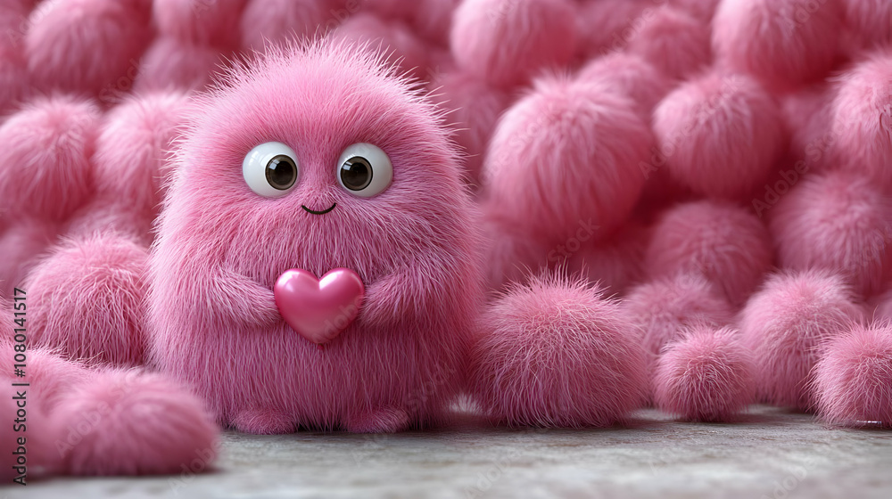 Fototapeta premium Cute Pink Furry Character Holding Heart - 3D Illustration