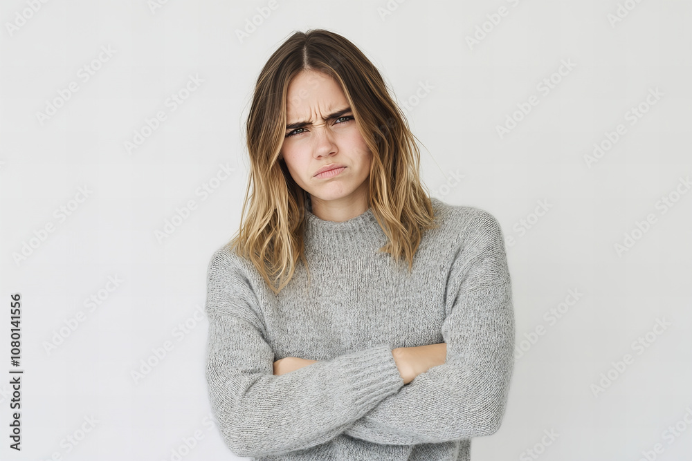 Angry Young Woman in a Cozy Sweater with Crossed Arms Showing Frustration and Displeasure – Ideal for Emotional and Expressive Visuals Angry Young Woman in a Cozy Sweater with Crossed Arms Showing Frustration and Displeasure – Ideal for Emotional and Expressive Visuals