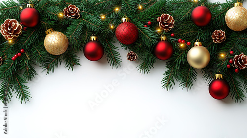 A Festive Christmas Wreath Adorned with Red & Gold Balls, Pinecones, Berries, and Lights, Set Against a Clean White Background