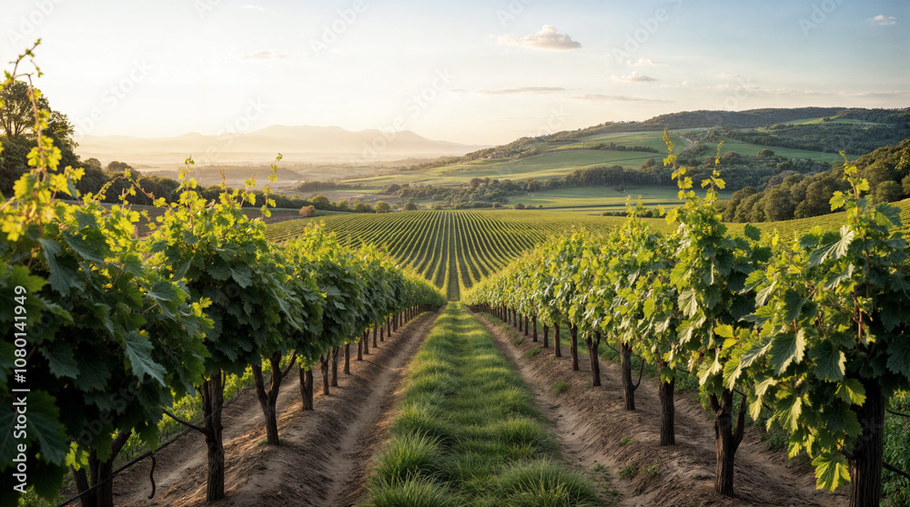 Fototapeta premium Scenic Vineyard Rows in Lush Countryside at Sunset with Rolling Hills and Green Vines