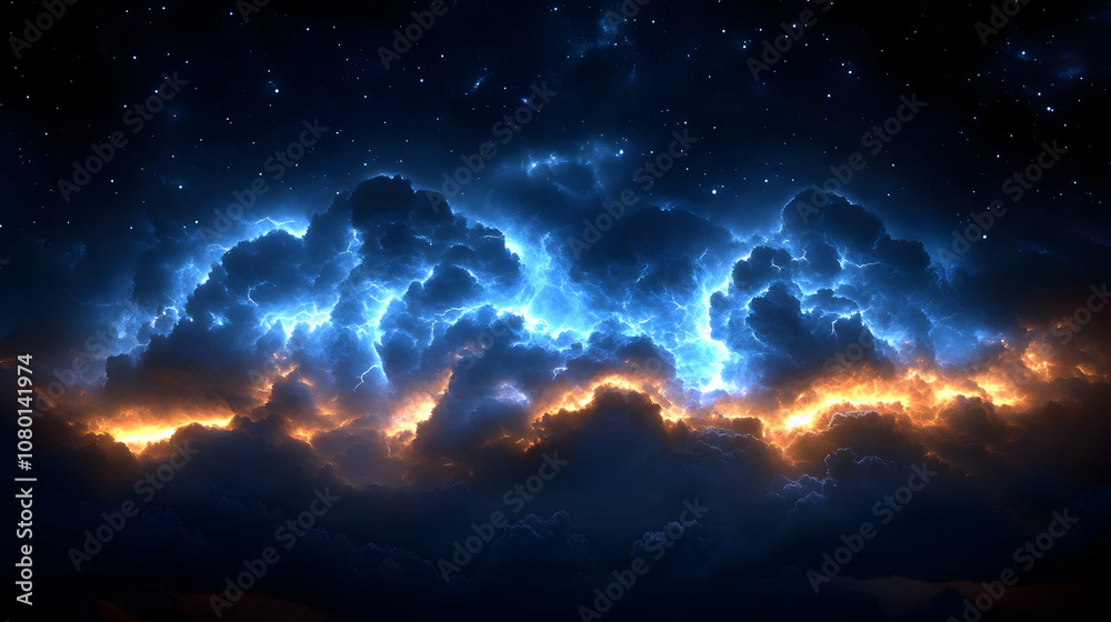 Abstract Storm Clouds with Lightning and Stars Illustration