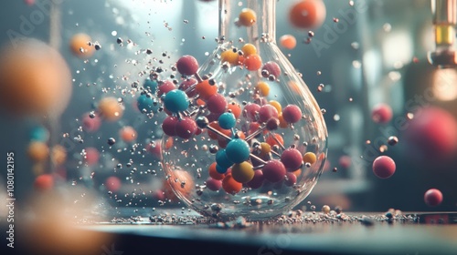 Colorful molecules suspended in a flask, representing dynamic chemical reactions.