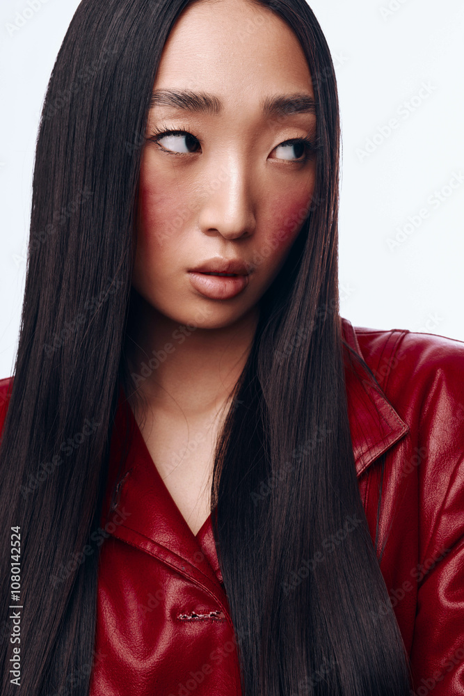 Glamorous Asian woman with long black hair in red leather jacket and lipstick poses for a fashion shoot Glamorous Asian woman with long black hair in red leather jacket and lipstick poses for a fashion shoot