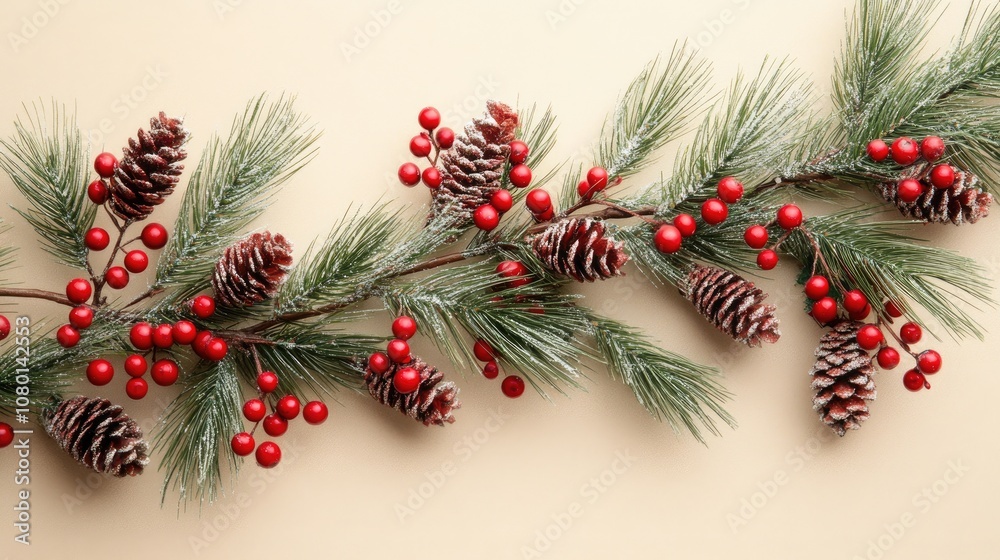 Festive Christmas Garland with Pine Branches, Cones, and Red Berries