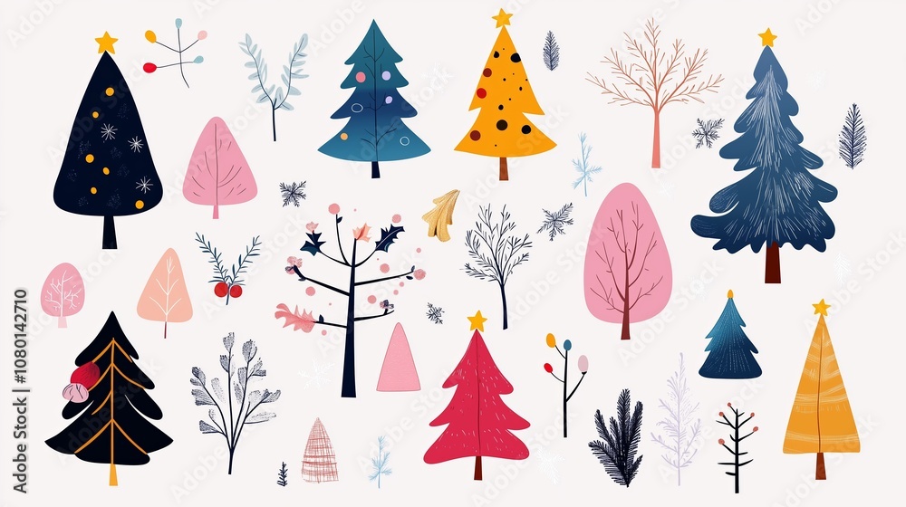 Obraz premium A whimsical collection of colorful Christmas trees and winter foliage, perfect for adding festive cheer to any project