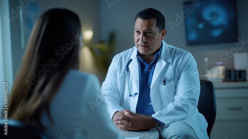 Collaborative Consultation: Latino Doctor and Middle Eastern Nurse Practitioner Discussing Patient Care in a Professional Medical Office, Photorealistic Quality, 8K Resolution.