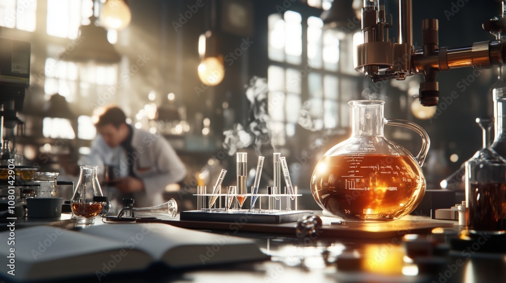 Laboratory scene with glassware and scientist, warm lighting, science research concept. Laboratory scene with glassware and scientist, warm lighting, science research concept.