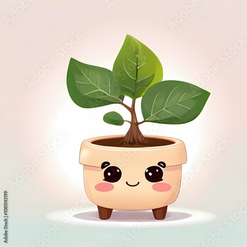 Cute kawaii character ficus in a pot
