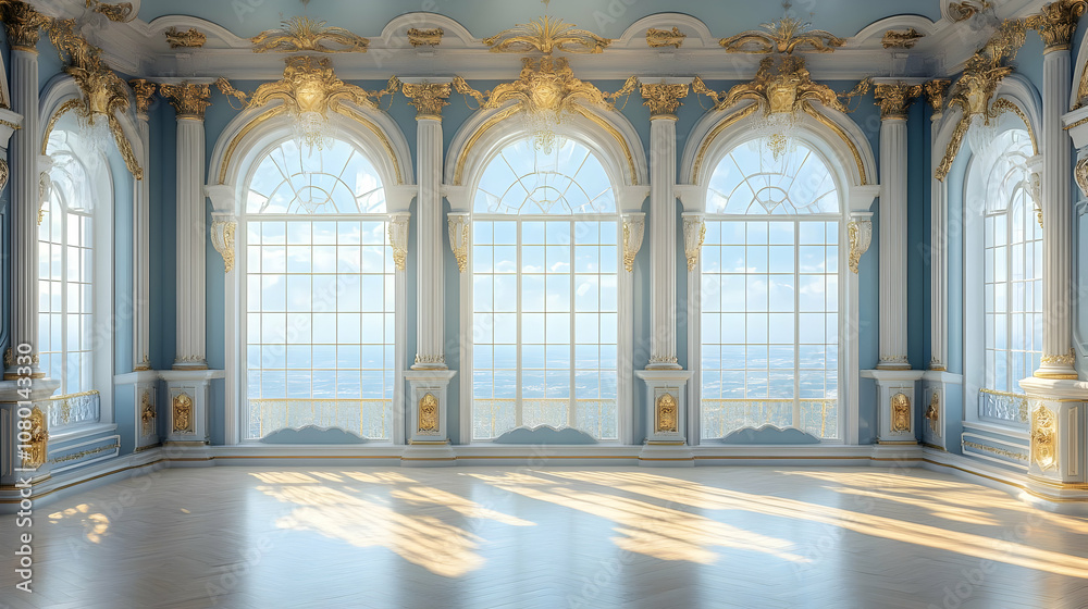 Blue and Gold Room with Large Windows 3D Illustration Blue and Gold Room with Large Windows 3D Illustration