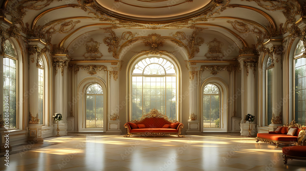 Fototapeta premium Elegant Palace Interior with Large Windows and Gold Trim 3D Illustration