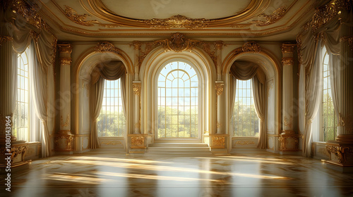 Golden Room with Large Windows, Interior Design Illustration