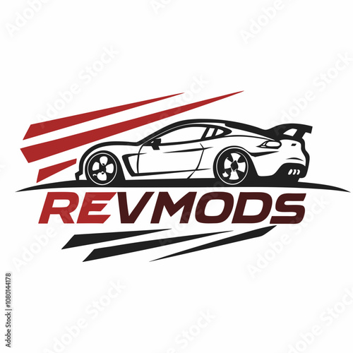  A bold and vibrant logo for a car tuning shop. It features a sleek sports car silhouette with speedy lines. The brand name “RevMods” is in sharp, capital letters.