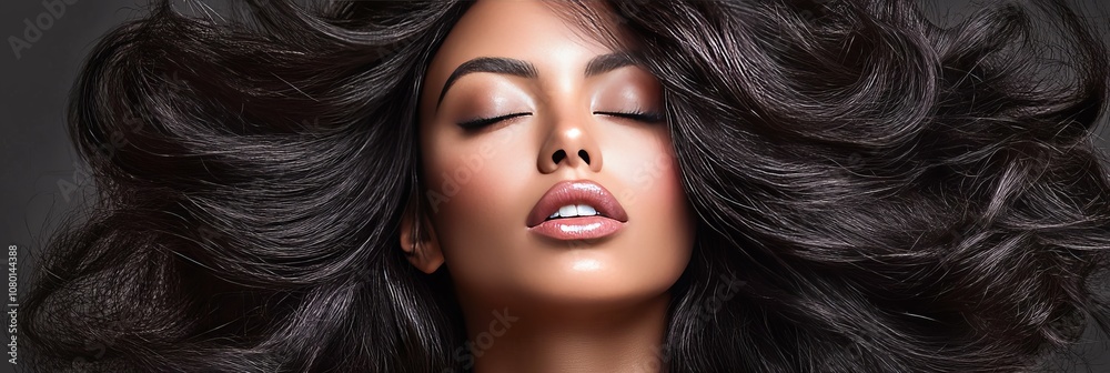 Obraz premium Close-up Portrait of a Woman with Beautiful Long Flowing Black Hair, Beauty Hair Salon Concept