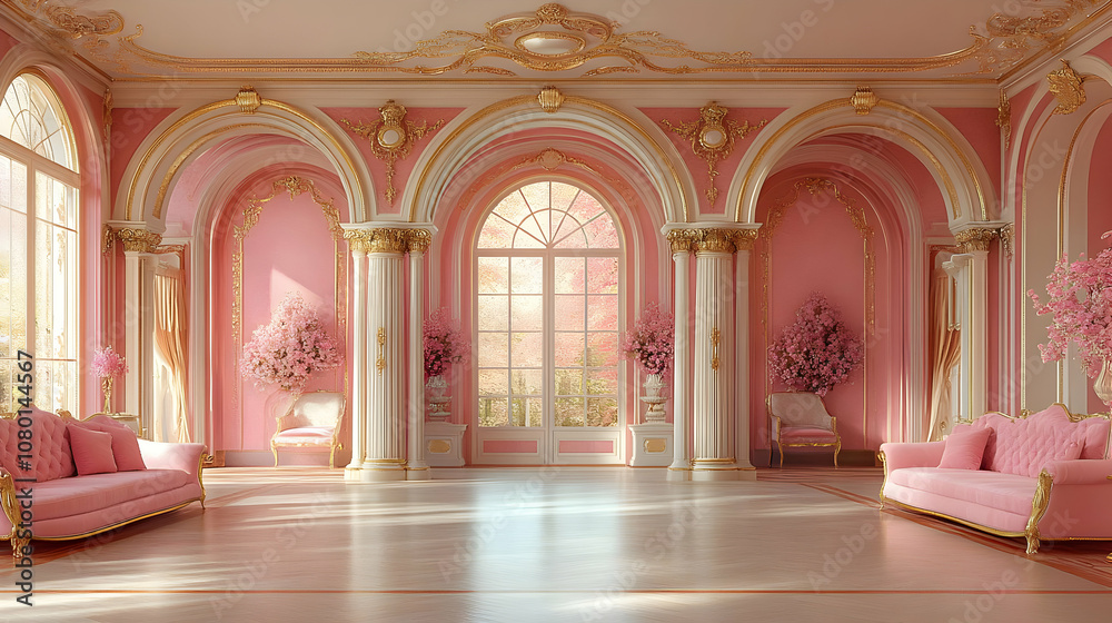 Naklejka premium Pink Palace Interior with Arches and Gold Accents - 3D Illustration