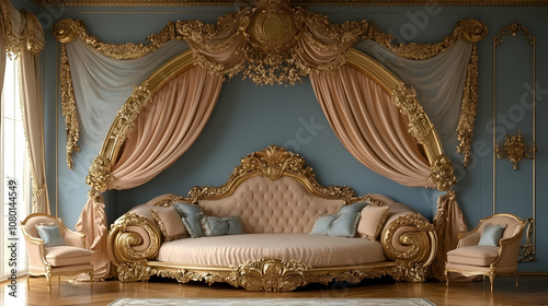 Gold and Beige Ornate Bedro...