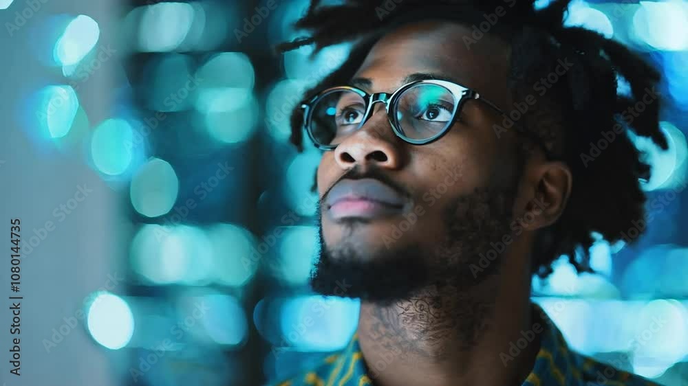 Black Man Glasses Blue Light Illuminated Background
