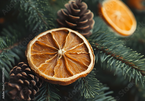 Wallpaper with decorated christmas tree with dried orange slice,  background with bokeh