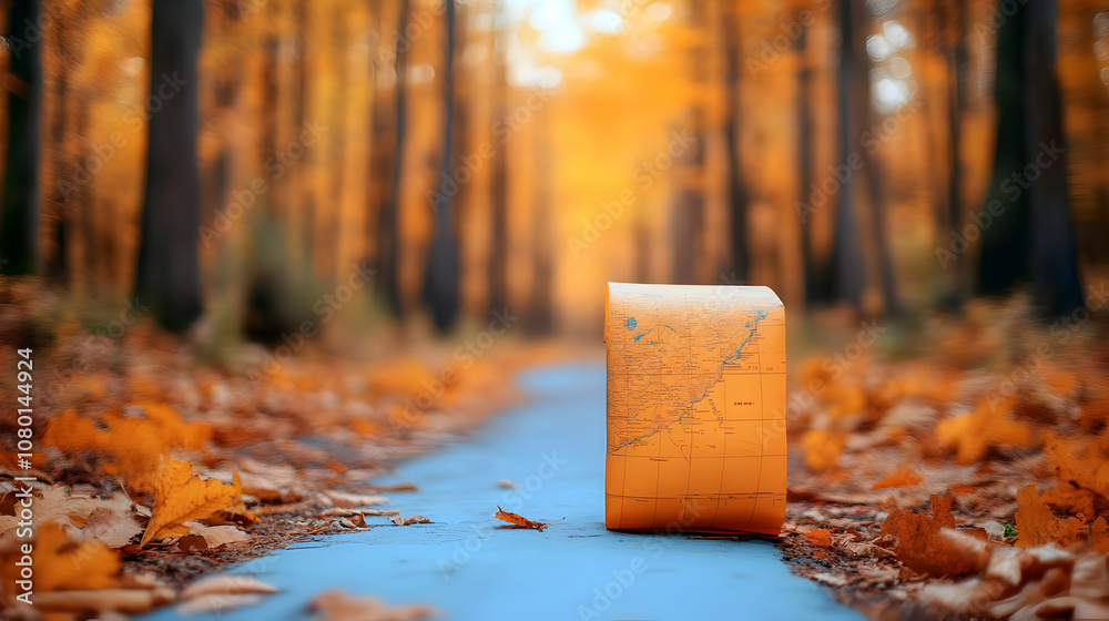 Autumn Forest Path with Rolled Up Map Photo Autumn Forest Path with Rolled Up Map Photo