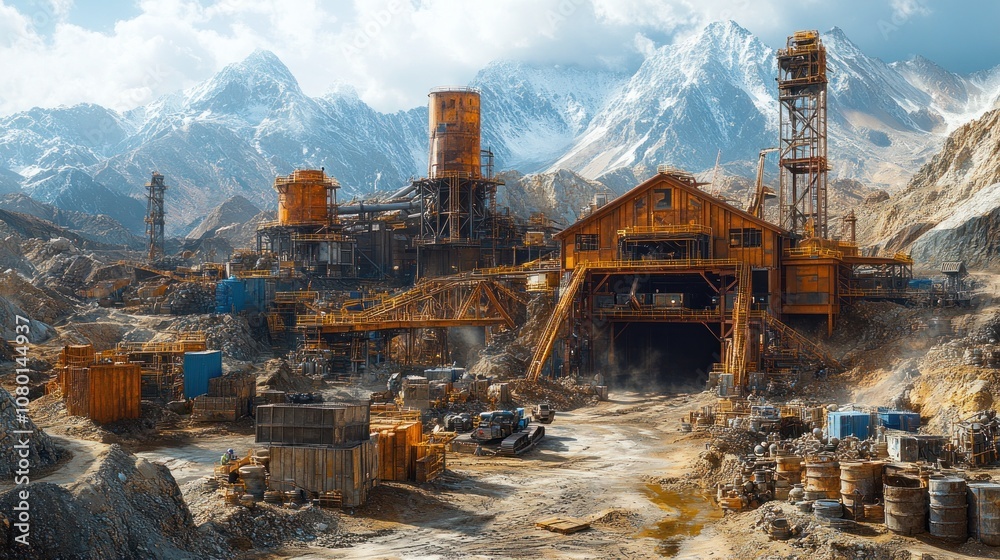Industrial mining facility surrounded by mountains and equipment. Industrial mining facility surrounded by mountains and equipment.