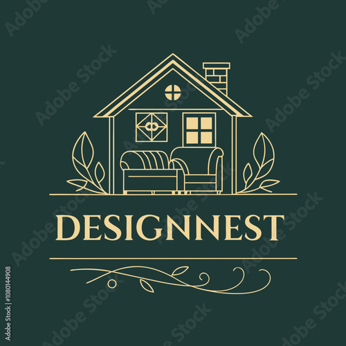 A luxurious logo for an interior design studio, consisting of a geometric home icon with a stylishly designed sofa inside. The brand name “DesignNest” is in a modern serif font.