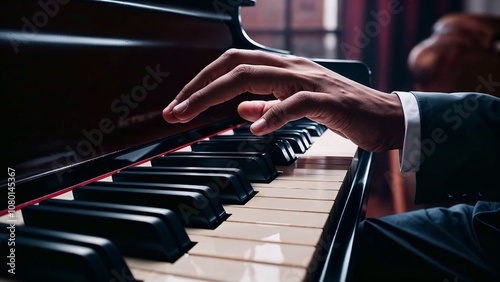 Black man playing piano with emotion in elegant room celebrating jazz music roots, Black History Month