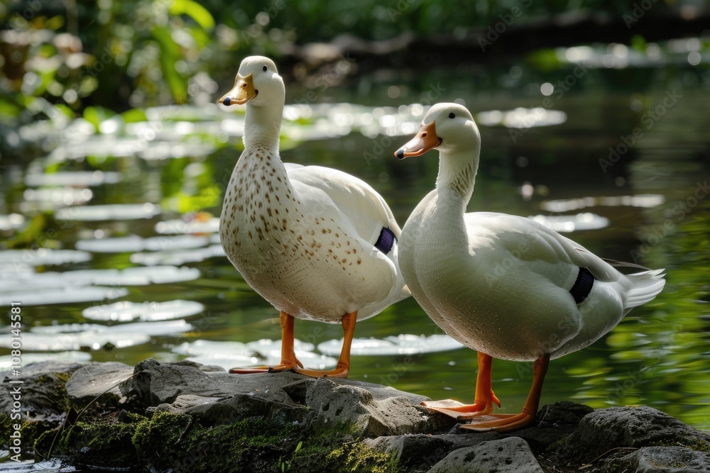 Ducks In A Pond. White Pekin Duck Standing in Natural Summer Park Ducks In A Pond. White Pekin Duck Standing in Natural Summer Park