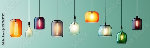 Colorful hanging lamps collection on a light green background, vector illustration, detailed and realistic