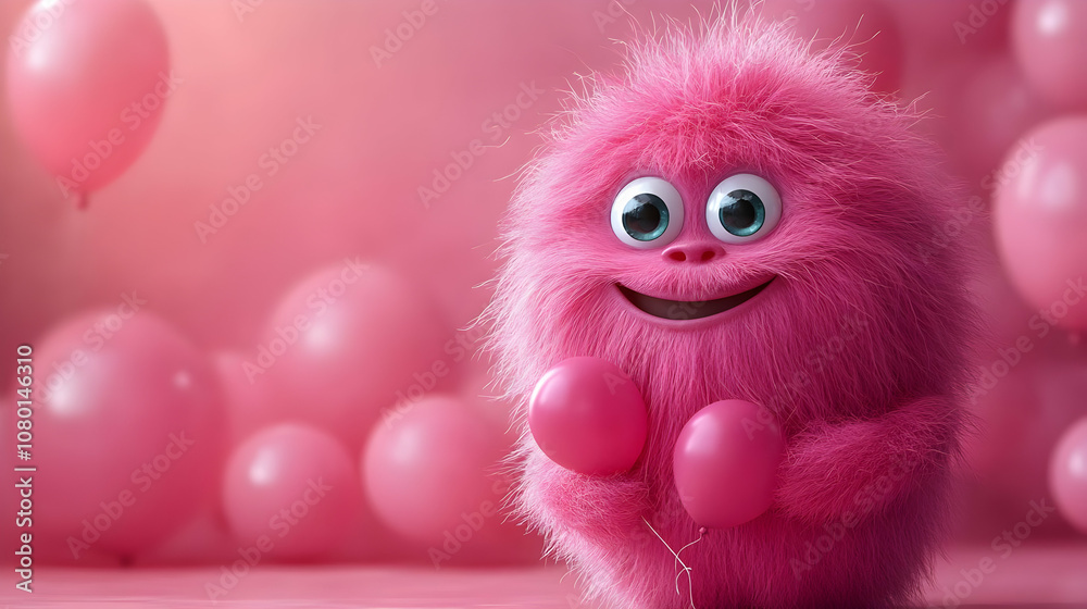 Obraz premium Pink Fluffy Character with Balloons - 3D Illustration