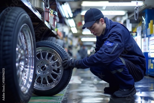 Technician performing wheel inflation in an auto service workshop during early evening hours