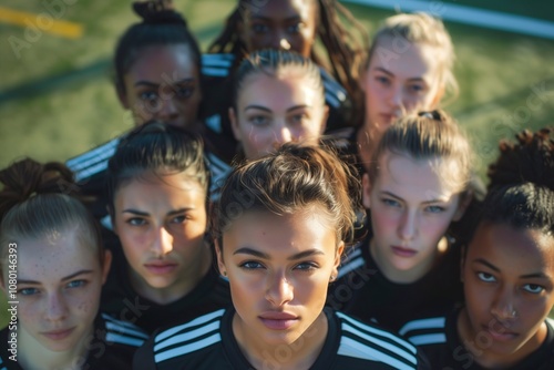 Women's sports team in intense formation on the field during a training session