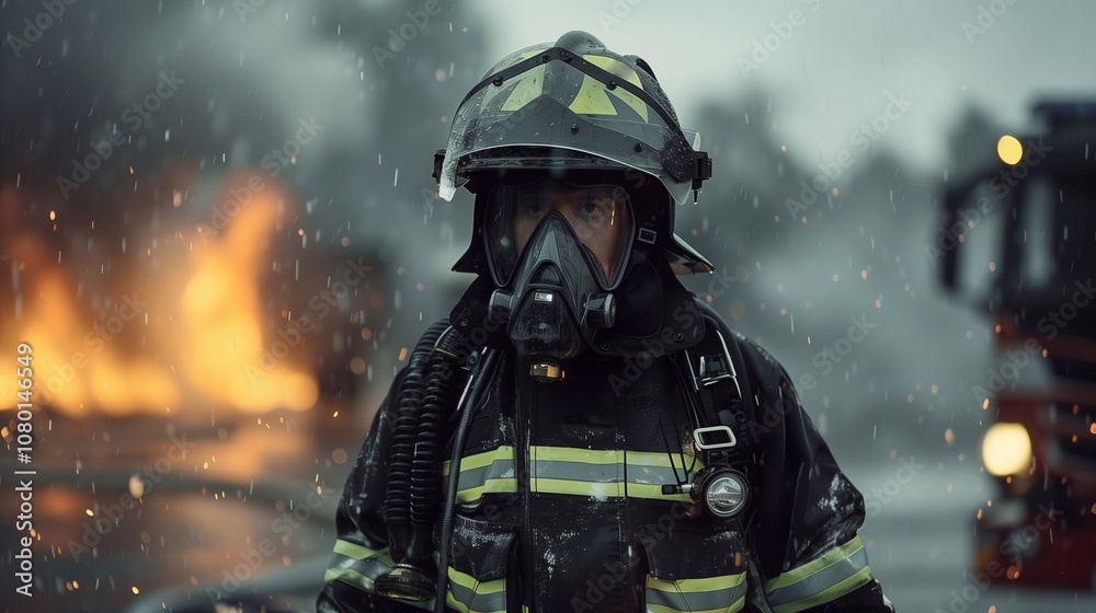Firefighter training session on a rainy day with flames and fire truck in the background Firefighter training session on a rainy day with flames and fire truck in the background