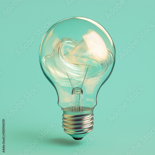 Detailed illustration of a light bulb with light waves inside, against a mint green background. Soft lighting