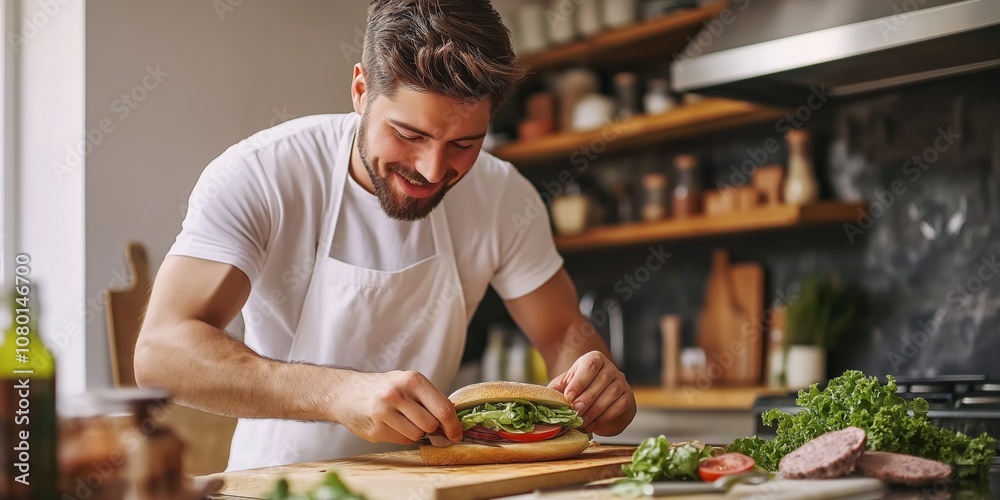 A man is making a sandwich in a kitchen. He is smiling and he is enjoying the process A man is making a sandwich in a kitchen. He is smiling and he is enjoying the process