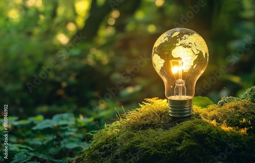 Green energy concept with a light bulb and a world map on moss in a forest background, sustainable development for environmental protection