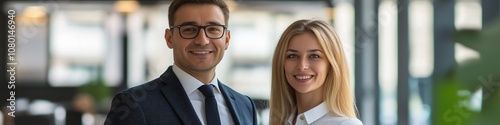 A man and a woman are smiling for the camera. The man is wearing a suit and tie, and the woman is wearing a white shirt. They are posing for a photo in a room with a green plant in the background